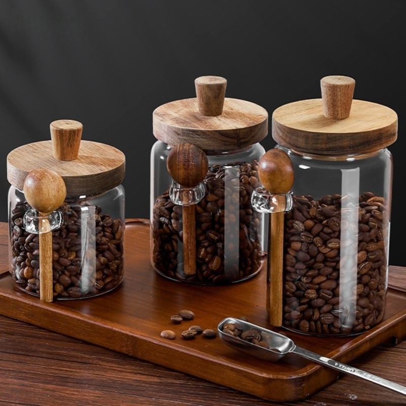 Coffee Tea Sugar Canisters - ABJI-유리병 나무 뚜껑과 스푼 포함 13&20&30온스
