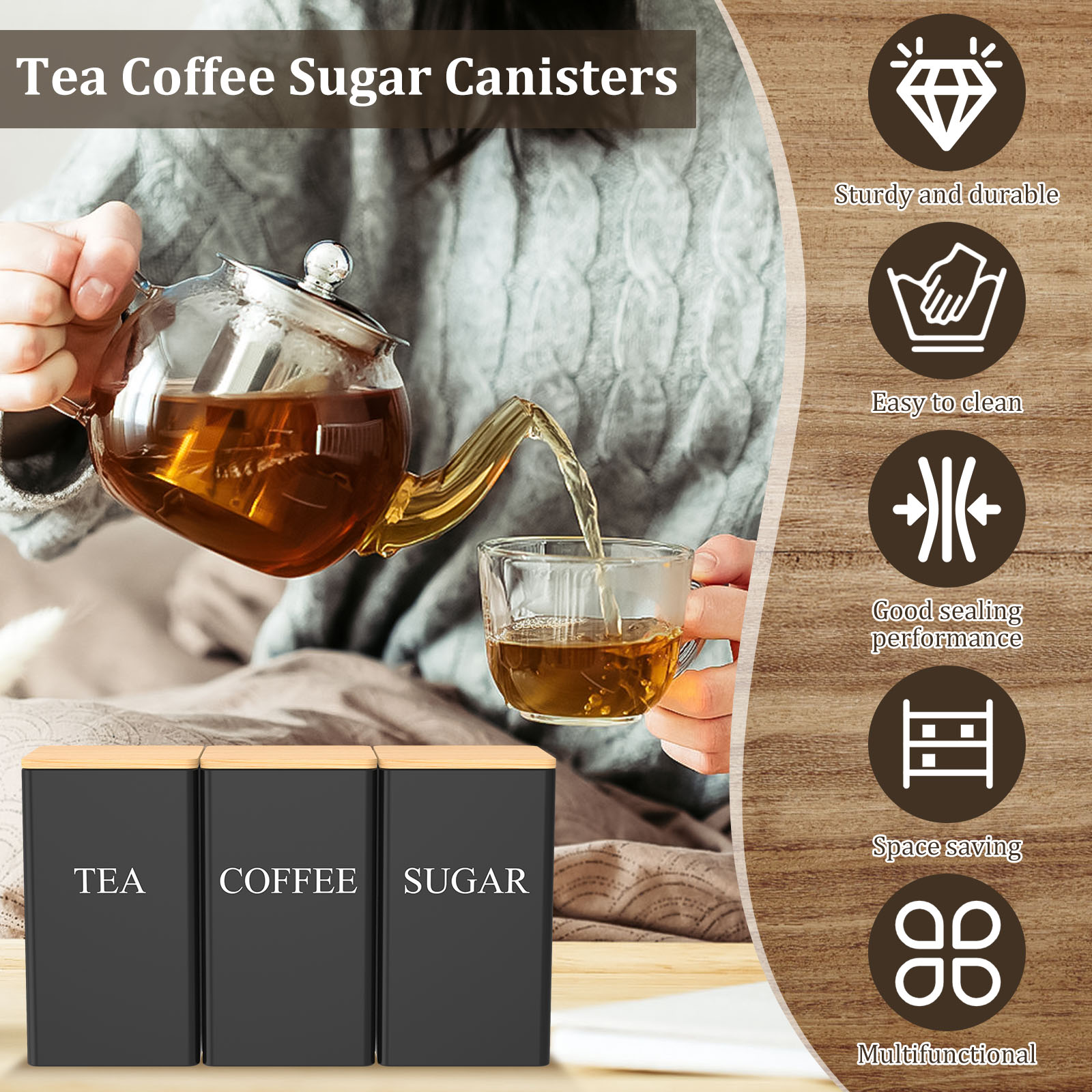 커피 콩 저장 용기 금속 커피 차 설탕 용기 대나무 뚜 - Coffee Tea Sugar Canisters 리뷰 및 가격